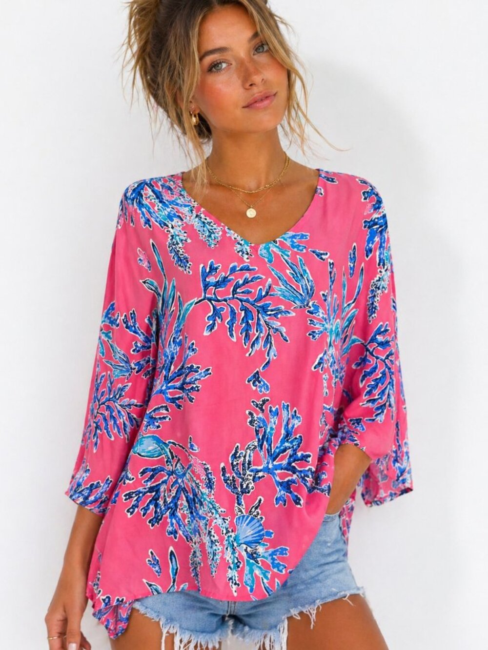 Belle Kim Gravel Coral Reef Blouse Lily Pulitzer Inspired Pink Blue Summer Small